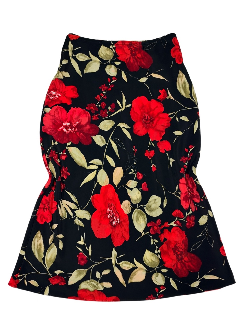 90s vintage Ambiance Black Midi Skirt with Red & Green Floral Print - Large